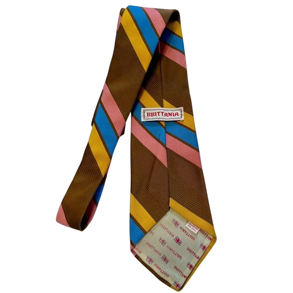 Vintage Brittania Wide Mens Necktie 1970'S PINK GOLD BLUE‎ BROWN 54/4